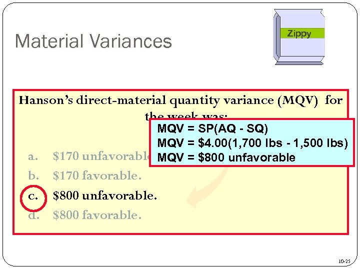Material Variances Zippy Hanson’s direct-material quantity variance (MQV) for the week was: MQV =