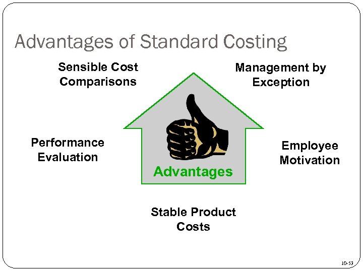 Advantages of Standard Costing Sensible Cost Comparisons Performance Evaluation Management by Exception Advantages Employee