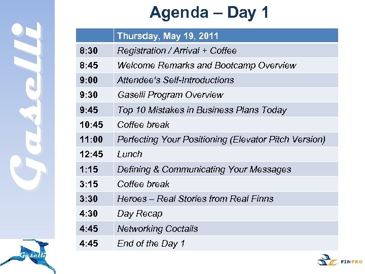 Gaselli Agenda – Day 1 Thursday, May 19, 2011 8: 30 Registration / Arrival