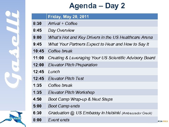 Gaselli Agenda – Day 2 Friday, May 20, 2011 8: 30 Arrival + Coffee