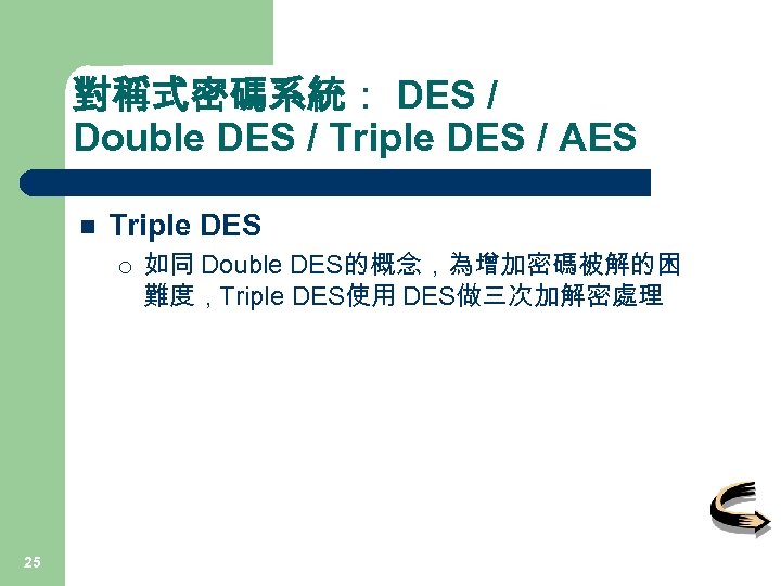 對稱式密碼系統： DES / Double DES / Triple DES / AES n Triple DES ¡