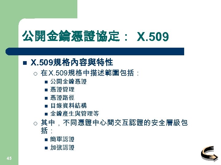 公開金鑰憑證協定： X. 509 n X. 509規格內容與特性 ¡ 在 X. 509規格中描述範圍包括： n n n ¡