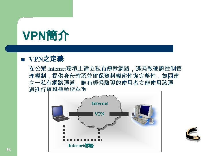 VPN簡介 n VPN之定義 在公眾 Internet環境上建立私有傳輸網路，透過軟硬體控制管 理機制，提供身份確認並確保資料機密性與完整性，如同建 立一私有網路通道，唯有經過驗證的使用者方能使用該通 道進行資料傳輸與存取 Internet VPN 64 Internet傳輸 
