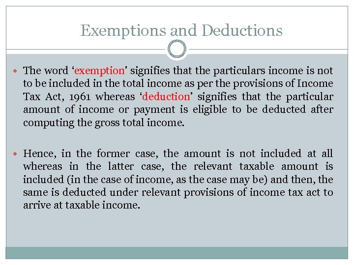 Exemptions and Deductions The word ‘exemption’ signifies that the particulars income is not to