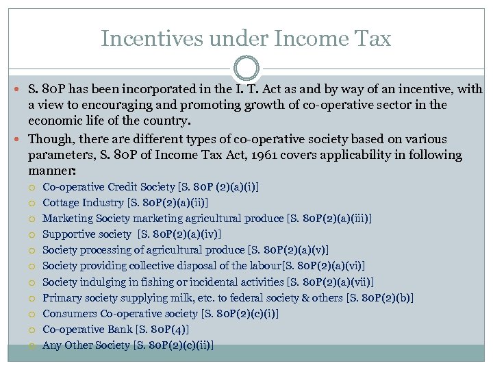 Incentives under Income Tax S. 80 P has been incorporated in the I. T.