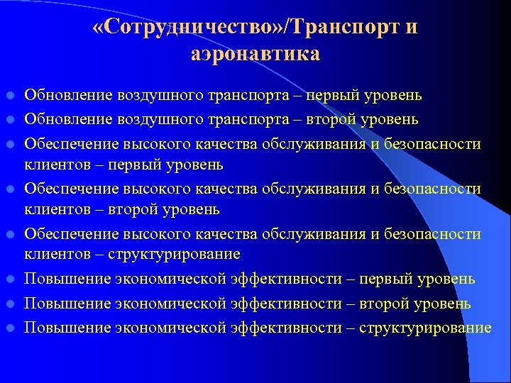  «Сотрудничество» /Транспорт и аэронавтика l l l l Обновление воздушного транспорта – первый