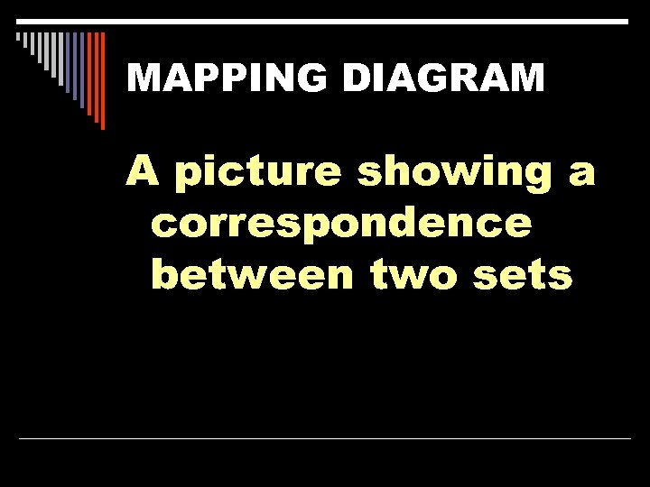 MAPPING DIAGRAM A picture showing a correspondence between two sets 