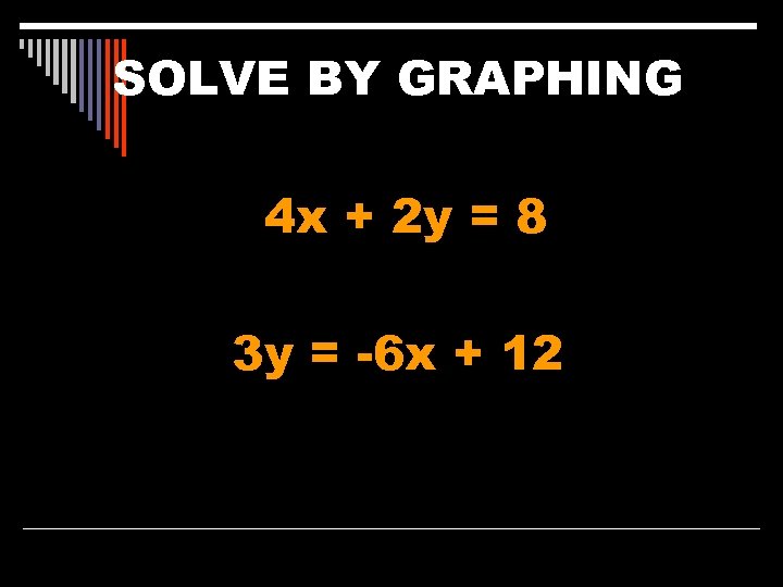 SOLVE BY GRAPHING 4 x + 2 y = 8 3 y = -6
