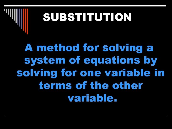 SUBSTITUTION A method for solving a system of equations by solving for one variable