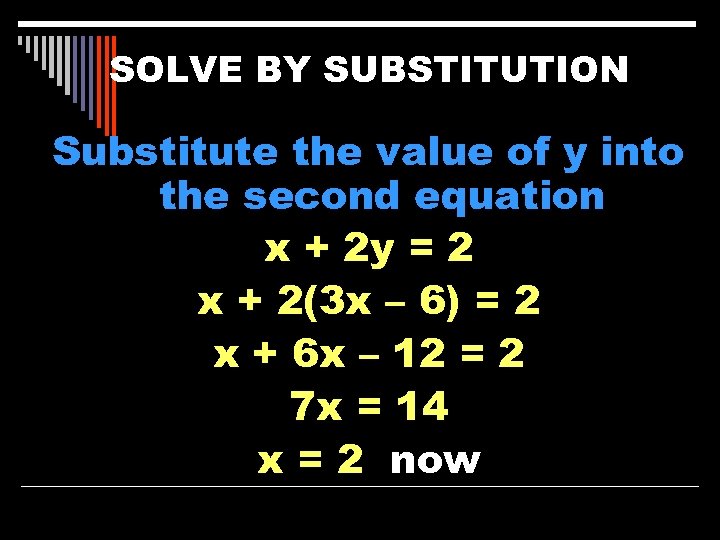 SOLVE BY SUBSTITUTION Substitute the value of y into the second equation x +