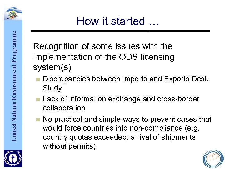 United Nations Environment Programme How it started … Recognition of some issues with the