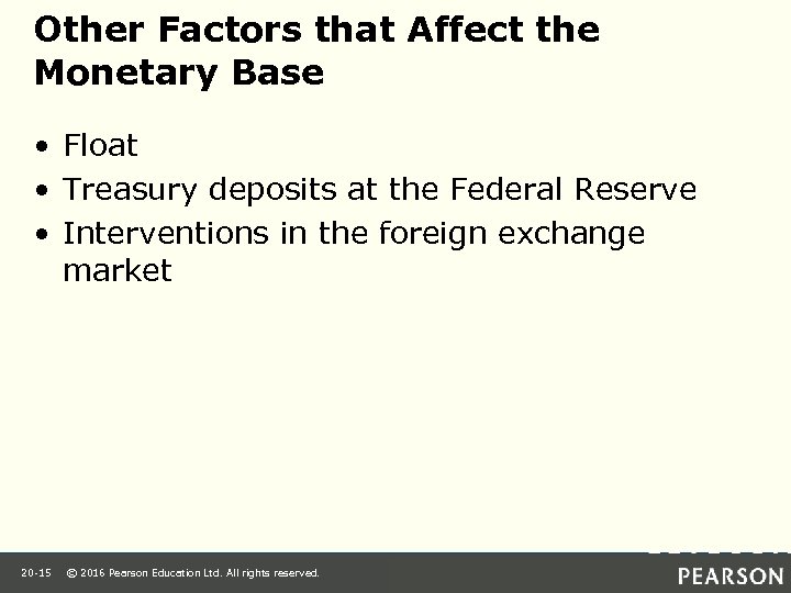 Other Factors that Affect the Monetary Base • Float • Treasury deposits at the