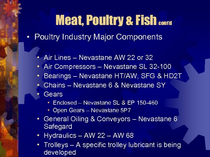 Meat, Poultry & Fish cont’d • Poultry Industry Major Components • • • Air