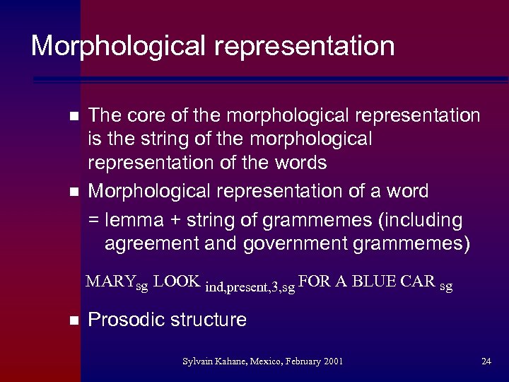 Morphological representation n n The core of the morphological representation is the string of