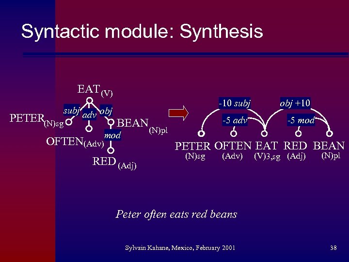 Syntactic module: Synthesis EAT (V) subj adv obj PETER(N)sg -10 subj BEAN mod OFTEN(Adv)