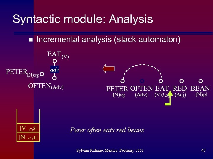 Syntactic module: Analysis n Incremental analysis (stack automaton) EAT (V) PETER(N)sg adv OFTEN(Adv) PETER