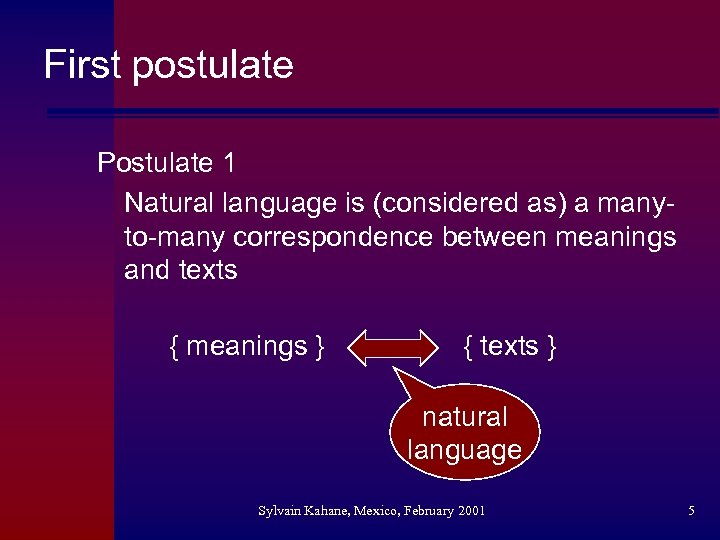 First postulate Postulate 1 Natural language is (considered as) a manyto-many correspondence between meanings