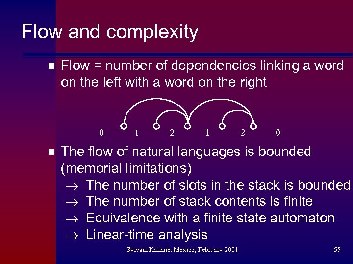 Flow and complexity n Flow = number of dependencies linking a word on the