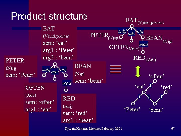 Product structure EAT subj adv obj PETER(N)sg (V)ind, present PETER (N)sg sem: ‘Peter’ EAT