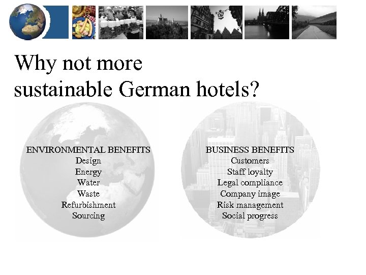 Why not more sustainable German hotels? ENVIRONMENTAL BENEFITS Design Energy Water Waste Refurbishment Sourcing