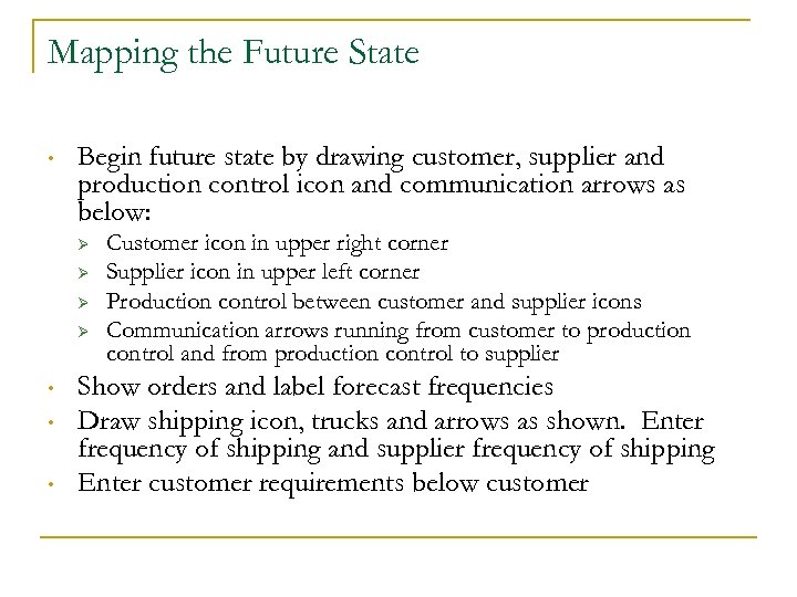 Mapping the Future State • Begin future state by drawing customer, supplier and production