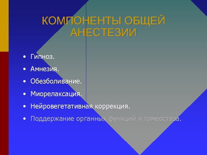 КОМПОНЕНТЫ ОБЩЕЙ АНЕСТЕЗИИ • Гипноз. • Амнезия. • Обезболивание. • Миорелаксация. • Нейровегетативная коррекция.