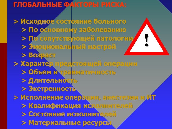 ГЛОБАЛЬНЫЕ ФАКТОРЫ РИСКА: > Исходное состояние больного > По основному заболеванию > По сопутствующей