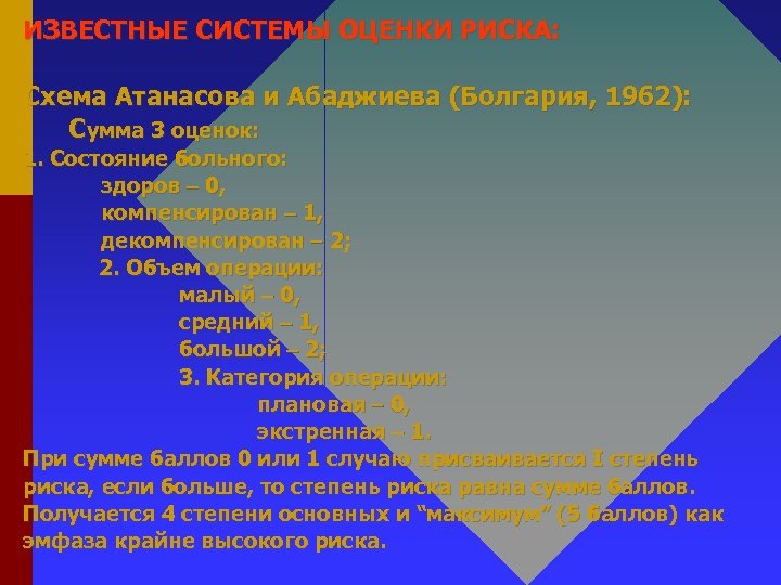 ИЗВЕСТНЫЕ СИСТЕМЫ ОЦЕНКИ РИСКА: Схема Атанасова и Абаджиева (Болгария, 1962): Сумма 3 оценок: 1.