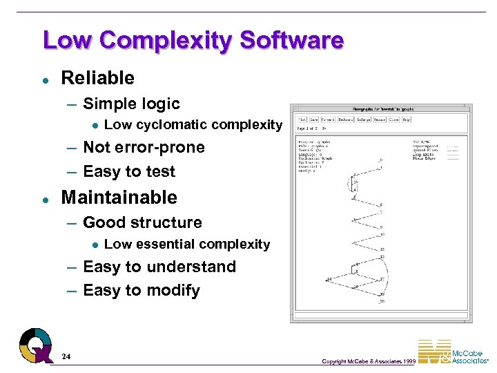 Low Complexity Software l Reliable – Simple logic l Low cyclomatic complexity – Not