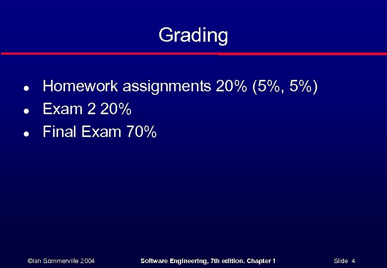 Grading l l l Homework assignments 20% (5%, 5%) Exam 2 20% Final Exam