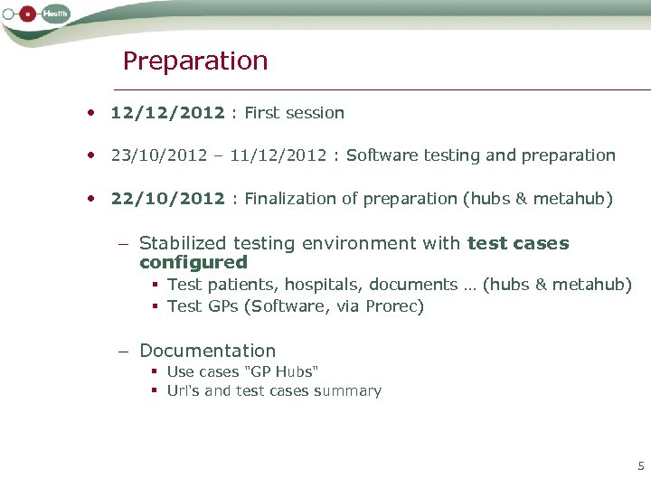 Preparation • 12/12/2012 : First session • 23/10/2012 – 11/12/2012 : Software testing and