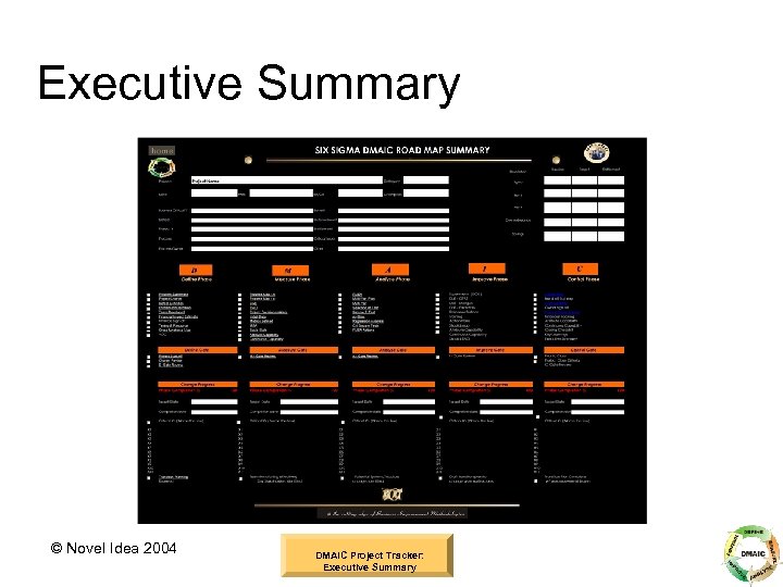 Executive Summary © Novel Idea 2004 DMAIC Project Tracker: Executive Summary 