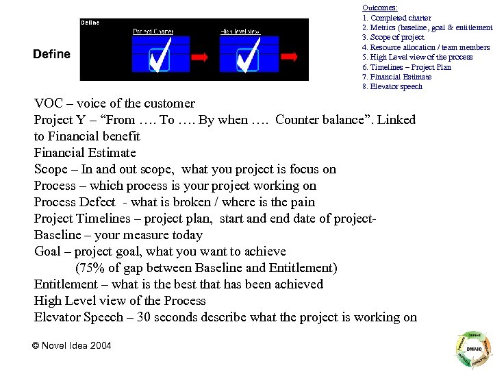 Define Outcomes: 1. Completed charter 2. Metrics (baseline, goal & entitlement) 3. Scope of