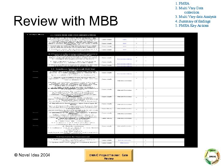Review with MBB © Novel Idea 2004 DMAIC Project Tracker: Gate Review 1. FMEA