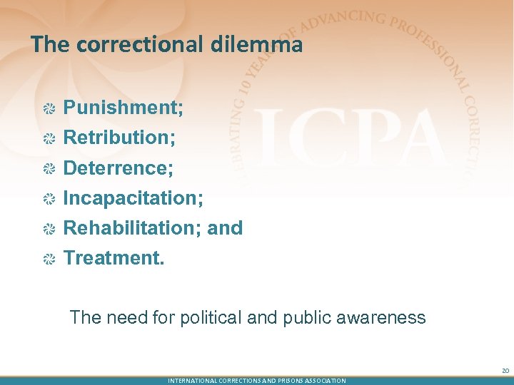 The correctional dilemma Punishment; Retribution; Deterrence; Incapacitation; Rehabilitation; and Treatment. The need for political