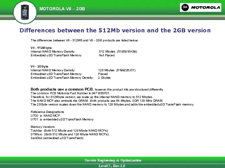 MOTOROLA V 8 – 2 GB Differences between the 512 Mb version and the