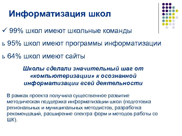 Информатизация школ ü 99% школ имеют школьные команды ь 95% школ имеют программы информатизации