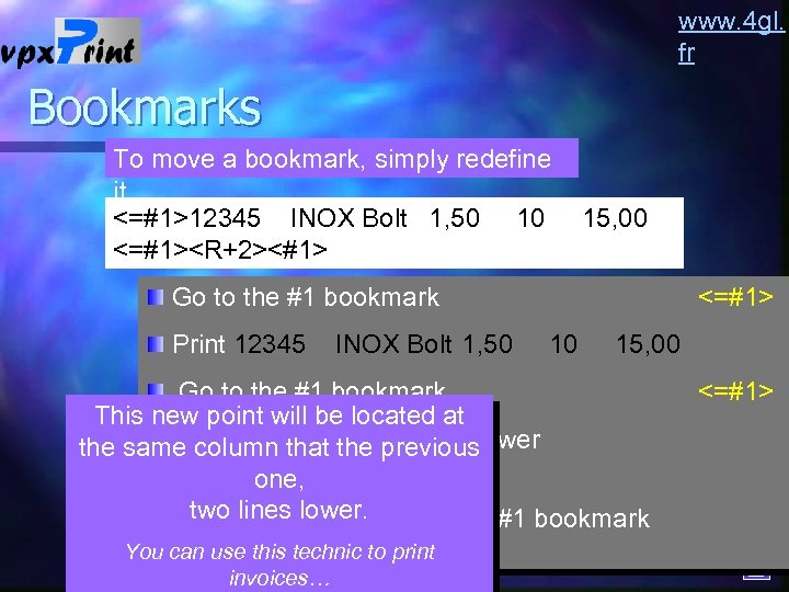 www. 4 gl. fr Bookmarks To move a bookmark, simply redefine it. . <=#1>12345