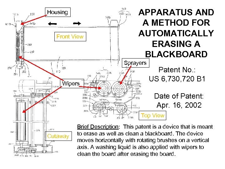 Housing Front View APPARATUS AND A METHOD FOR AUTOMATICALLY ERASING A BLACKBOARD Sprayers Wipers