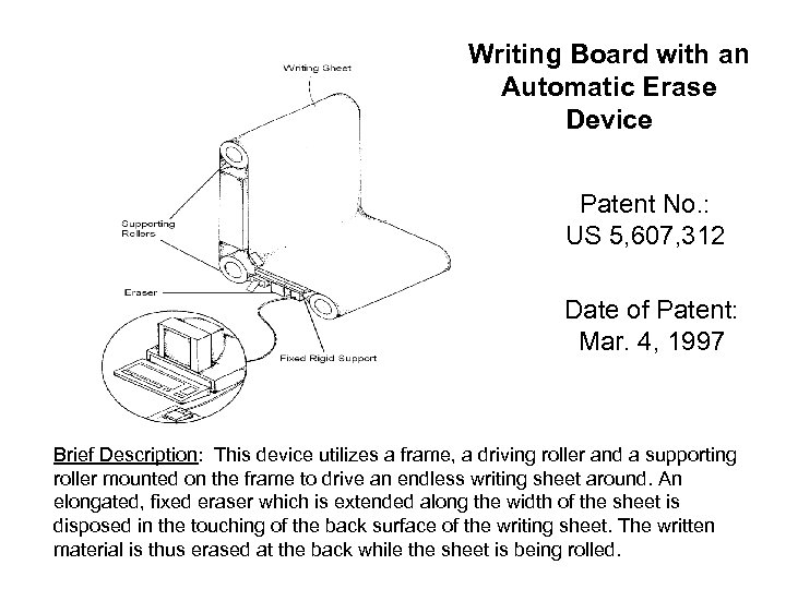 Writing Board with an Automatic Erase Device Patent No. : US 5, 607, 312