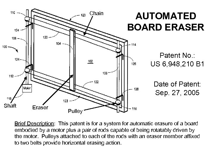 Chain AUTOMATED BOARD ERASER Patent No. : US 6, 948, 210 B 1 Date