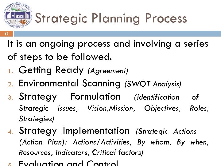 Strategic Planning Process 13 It is an ongoing process and involving a series of