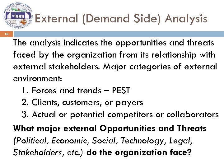 External (Demand Side) Analysis 16 The analysis indicates the opportunities and threats faced by