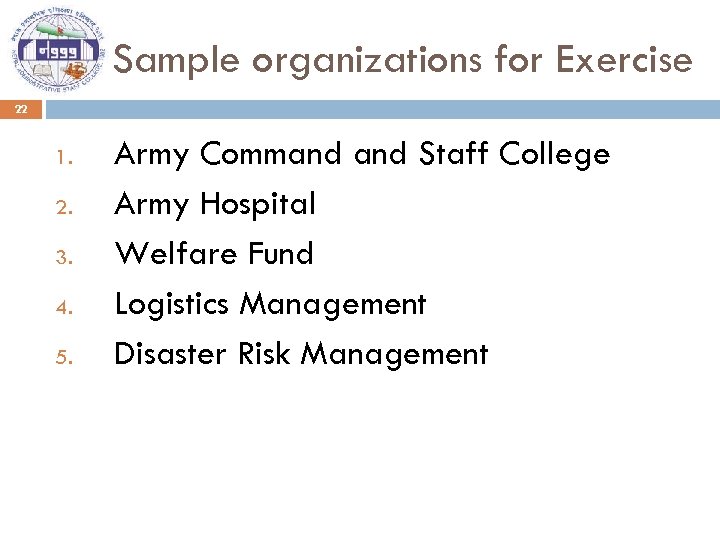 Sample organizations for Exercise 22 1. 2. 3. 4. 5. Army Command Staff College