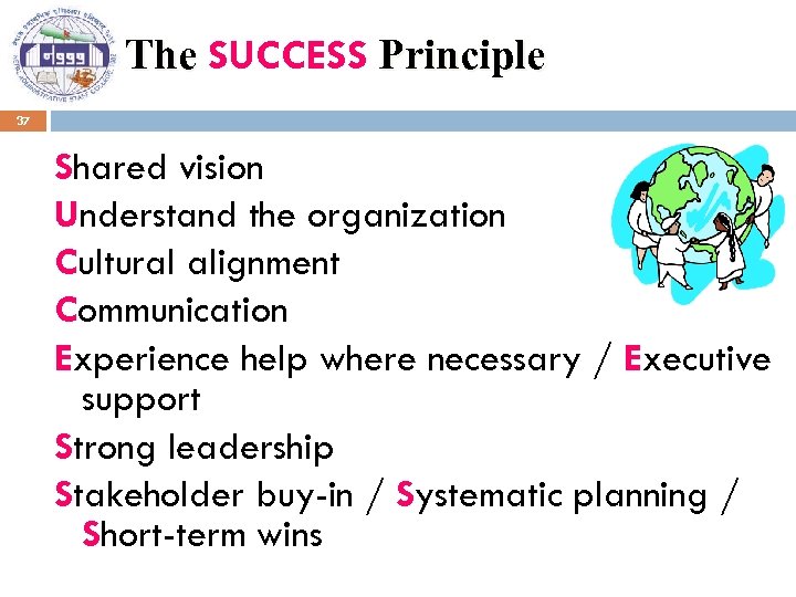 The SUCCESS Principle 37 Shared vision Understand the organization Cultural alignment Communication Experience help