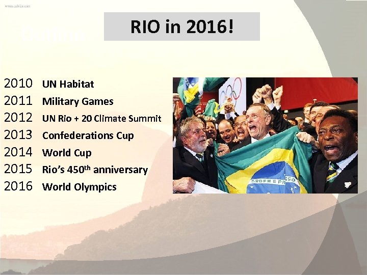 Outline RIO in 2016! 2010 UN Habitat 2011 Military Games 2012 UN Rio +