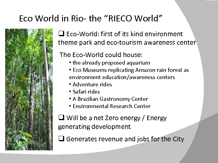 Eco World in Rio- the “RIECO World” q Eco-World: first of its kind environment