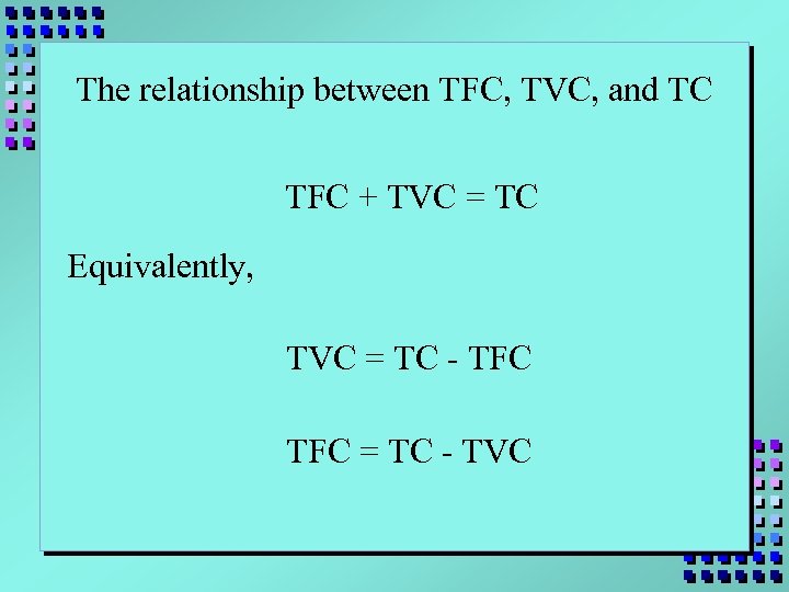 The relationship between TFC, TVC, and TC TFC + TVC = TC Equivalently, TVC
