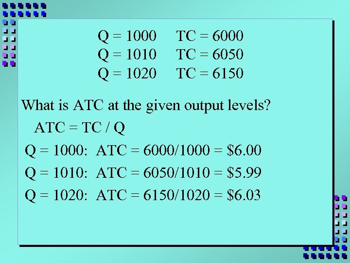 Q = 1000 Q = 1010 Q = 1020 TC = 6000 TC =