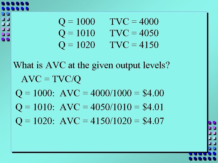 Q = 1000 Q = 1010 Q = 1020 TVC = 4000 TVC =
